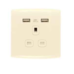 مفاتيح كهربائية فنار مزدوجة مع شاحن USB 13 أمبير 220 فولت إطار معدني لونها بيج مقاس 7x7 سم موديل ألف